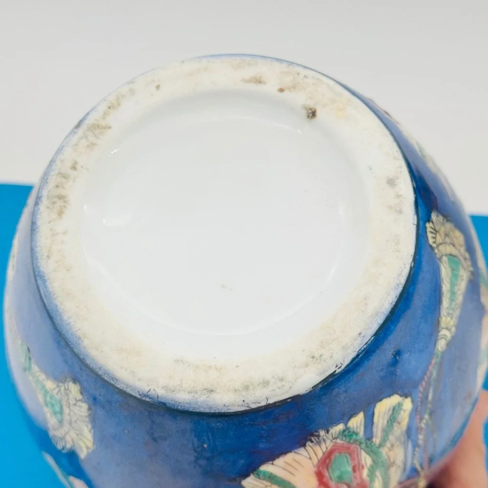 Vintage Chinese Porcelain Fish Bowl Planter Cobalt Blue Tassel Hand Painted